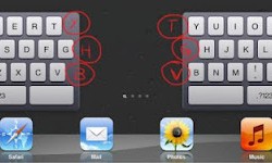 iPad 2，iOS 5，分離鍵盤中的六個隱藏按鍵。