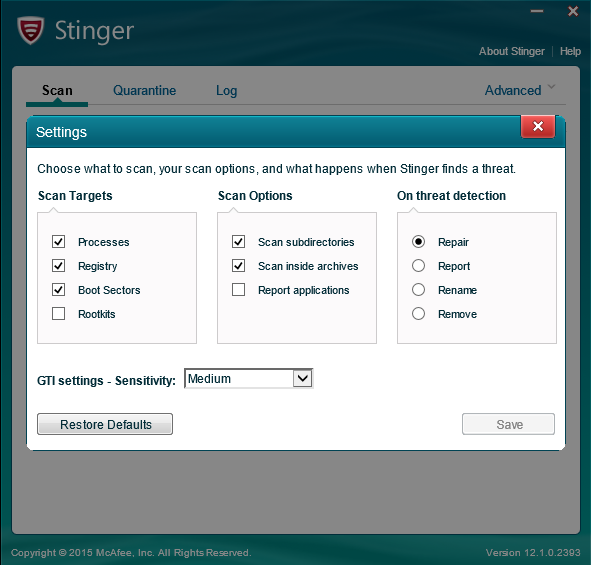 McAfee Labs Stinger 12.2.0.156 免安裝版，免費可攜式病毒掃描、清除工具